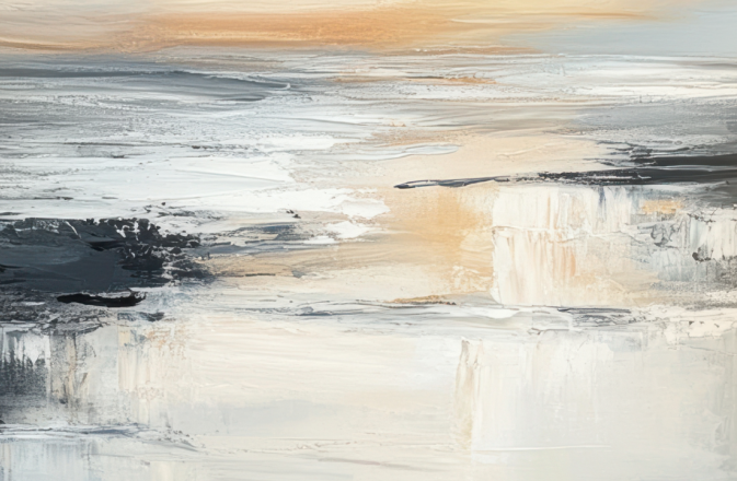 Abstract painting of a misty sun setting over a Irish beach.