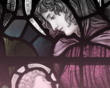 Stained glass window depicting Virgin Mary, Joseph and the infant son