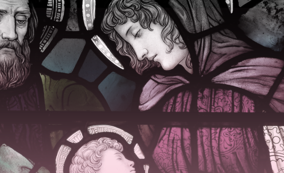 Stained glass window depicting Virgin Mary, Joseph and the infant son