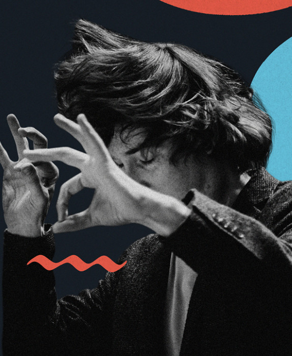 Maxim conducting with his hands raised in front of his face, and cellist Steven Isserlis looking to the right, on a dark background with bright red and blue circular shapes.