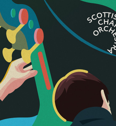 Banner for the 24-25 season, with a drawing of double bassist Nikita Naumov from the back playing his bass, and the words "Music for everyone".