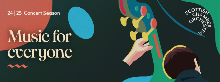 Banner for the 24-25 season, with a drawing of double bassist Nikita Naumov from the back playing his bass, and the words "Music for everyone".