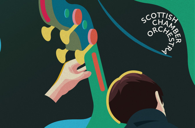 Banner for the 24-25 season, with a drawing of double bassist Nikita Naumov from the back playing his bass, and the words "Music for everyone".