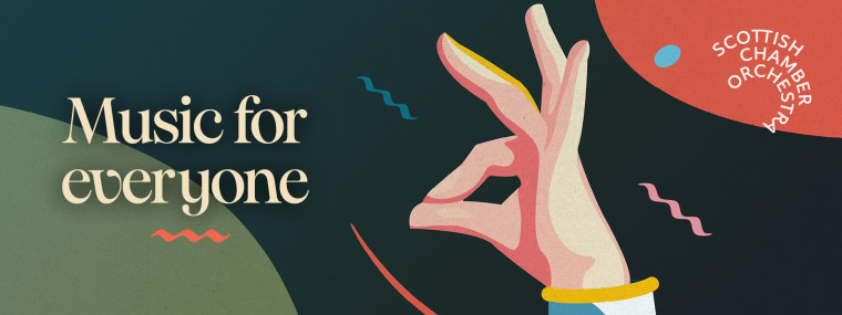 Banner for the 24-25 season, with a drawing of a hand in a conducting gesture, and the words "Music for everyone".
