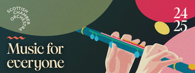 Banner for the 24-25 season, with a drawing of two hands playing the flute, and the words "Music for everyone".