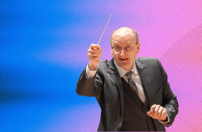 Andrew Manze conducting with the baton raised, against a gradient background of blue, pink, and orange waves.
