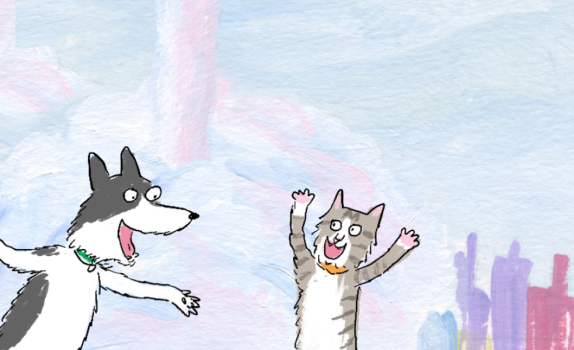 A drawing of a cat and dog celebrating.