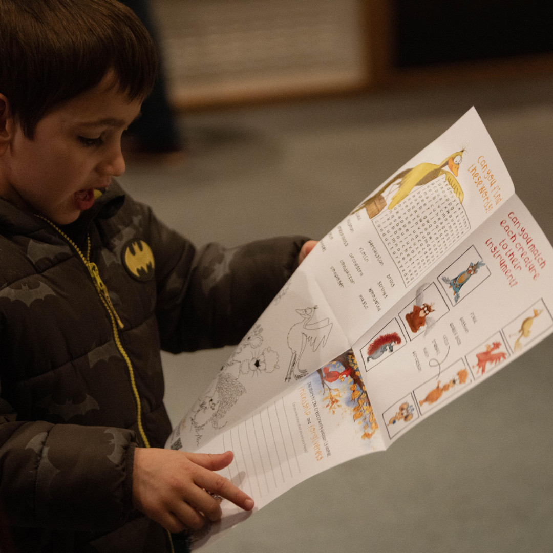 A young child has opened up and is reading the Great Grumpy Gaboon resource pamphlet at the concert.