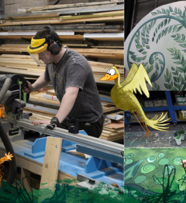 A collage of images of students working on the Great Grumpy Gaboon set including painting, carpentry, and design