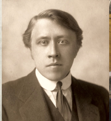 Three men, dressed formally: one Victorian, with a short grey beard, one young and clean-shaven, in sepia, the last (in a painting) with a long grey beard and glasses