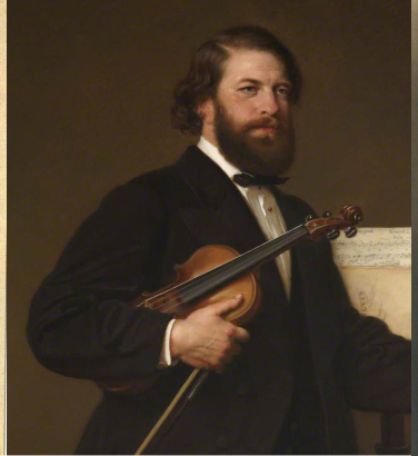 A violinist shown at three different ages: as a young man in a drawing, middle-aged in a painting and elderly in an old photo