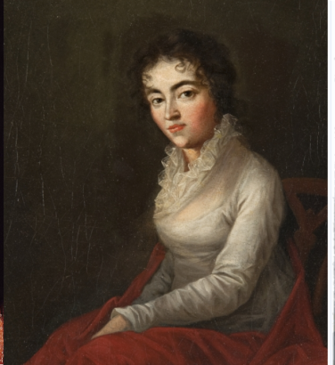 Three women: one in a high wig and flowers in her hair, another sitting in profile, and (in a drawing) standing in a group as part of a stage production