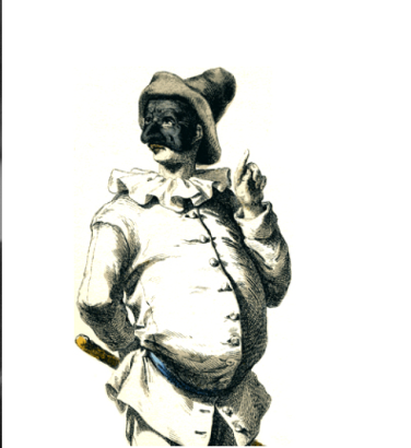 Three pictures: a man leans forward, his elbows on some sheet music; a man with a large belly, wearing a black carnival mask; a caricature sketch of a man in a wig