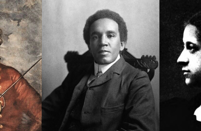 Two Black men (the first an 18th century gentleman, the second in a formal Edwardian suit) and a black woman in profile