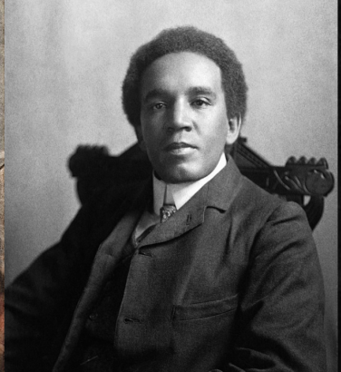 Two Black men (the first an 18th century gentleman, the second in a formal Edwardian suit) and a black woman in profile