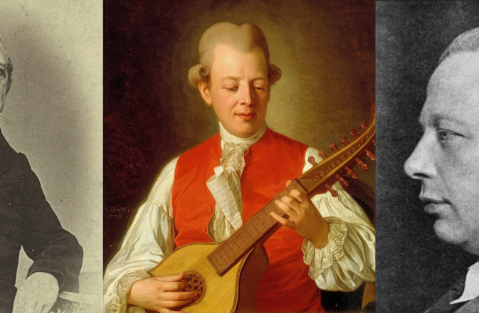 Three Swedish composers: Bellman (in the middle, in 18th century dress) is playing the cittern, with formal photographs of Berwald to his left and Atterberg to his right