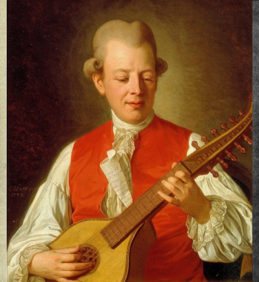 Three Swedish composers: Bellman (in the middle, in 18th century dress) is playing the cittern, with formal photographs of Berwald to his left and Atterberg to his right