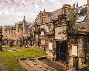 Greyfriars Kirkyard in Edinburgh on a grey day.