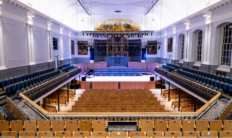 The stage of Aberdeen Music Hall, photographed from the back of the balcony.
