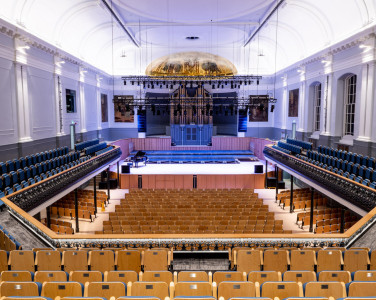 The stage of Aberdeen Music Hall, photographed from the back of the balcony.