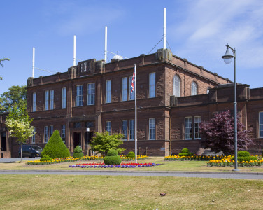 Easterbrook Hall in Dumfries, photographed on a sunny day.