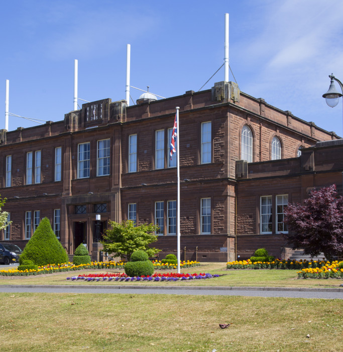 Easterbrook Hall in Dumfries, photographed on a sunny day.