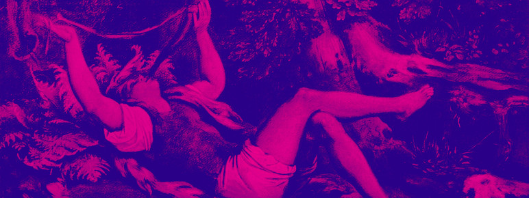 A painting of a man playing a horn in a forest