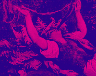 A painting of a man playing a horn in a forest