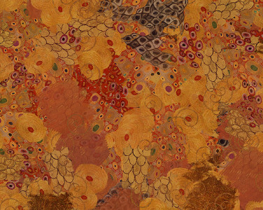 A close up of a Klimt painting of bright collage-like flowers.